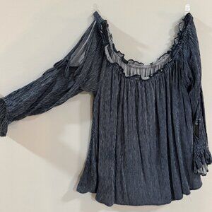 Blue and white striped off the shoulder long sleeve blouse